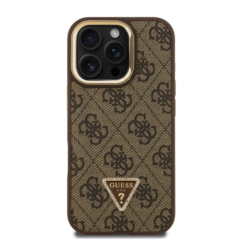 Guess PU 4G Strass Triangle Logo Stand Camera Frame MagSafe Zadní Kryt pro iPhone 16 Pro Brown