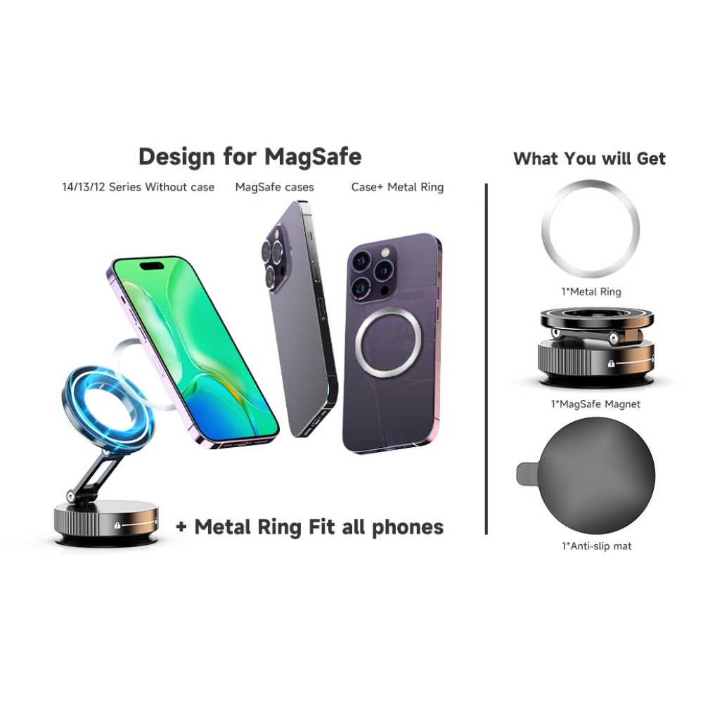 K11 skládací magnetický držák na mobil s vakuovou přísavkou - černý