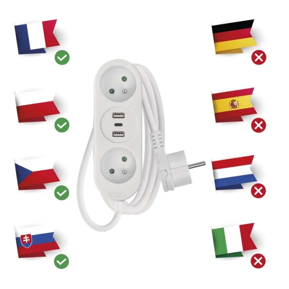 Prodlužovací kabel 1,4 m / 2 zásuvky+2×USB-A+1×USB-C / bílý / PVC / 1,5 mm2