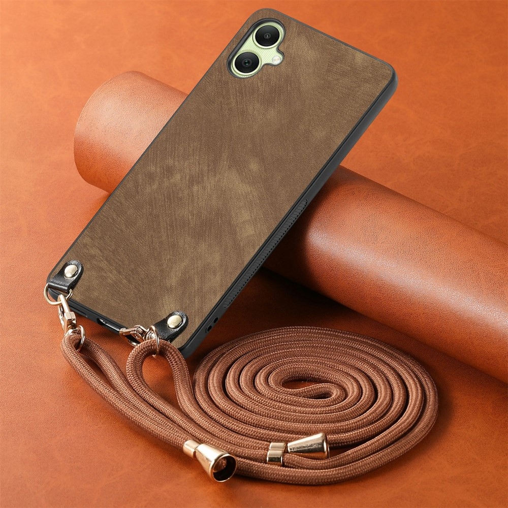 Retro gelový obal se šňůrkou a s umělou kůží na Samsung Galaxy A06 4G - hnědý
