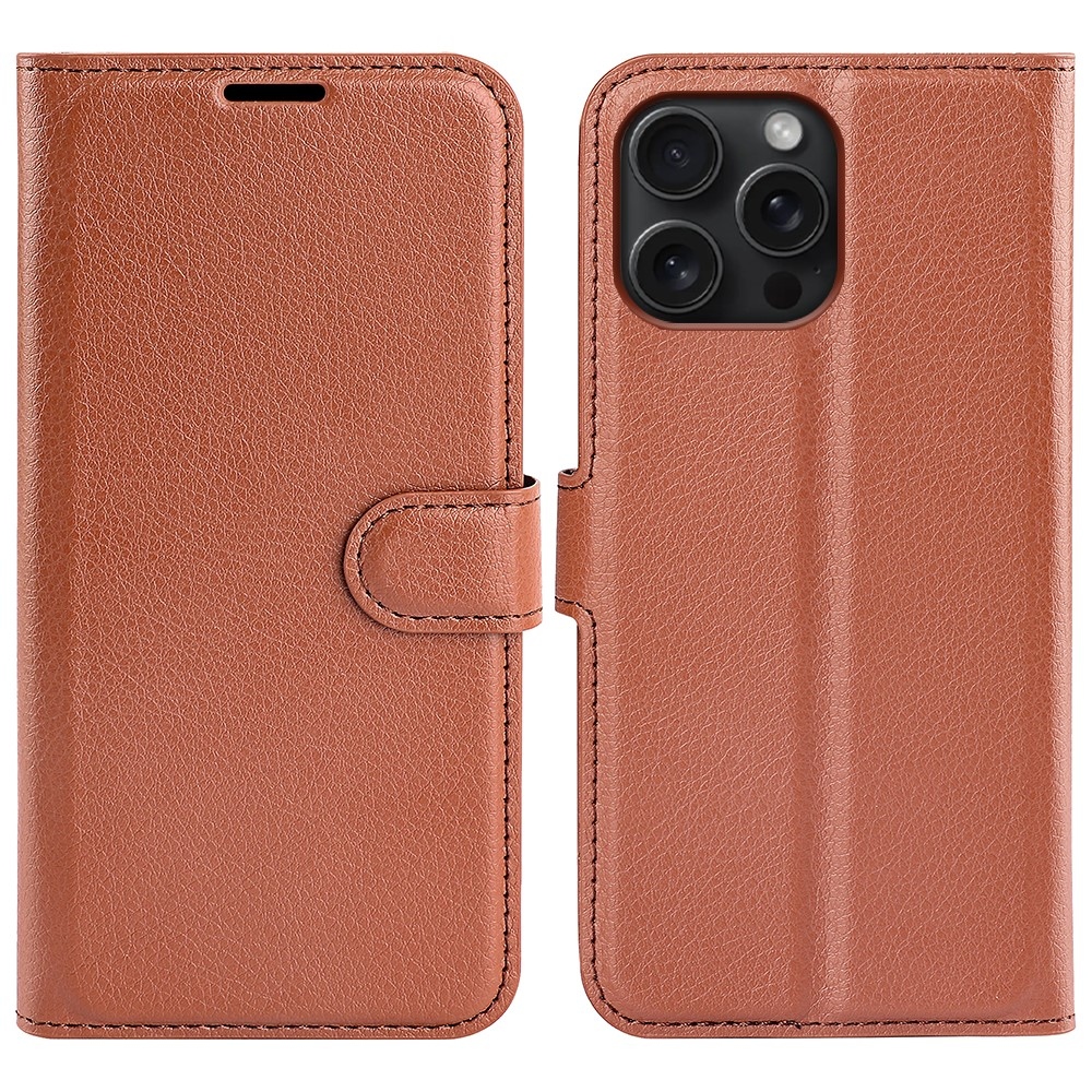 Litchi knížkové pouzdro na iPhone 16 Pro - hnědé