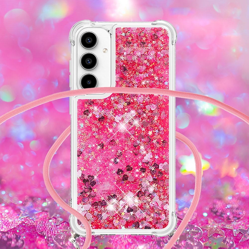 Glitters přesýpací gelový obal se šňůrkou na Samsung Galaxy A56 5G - růžový/srdíčka