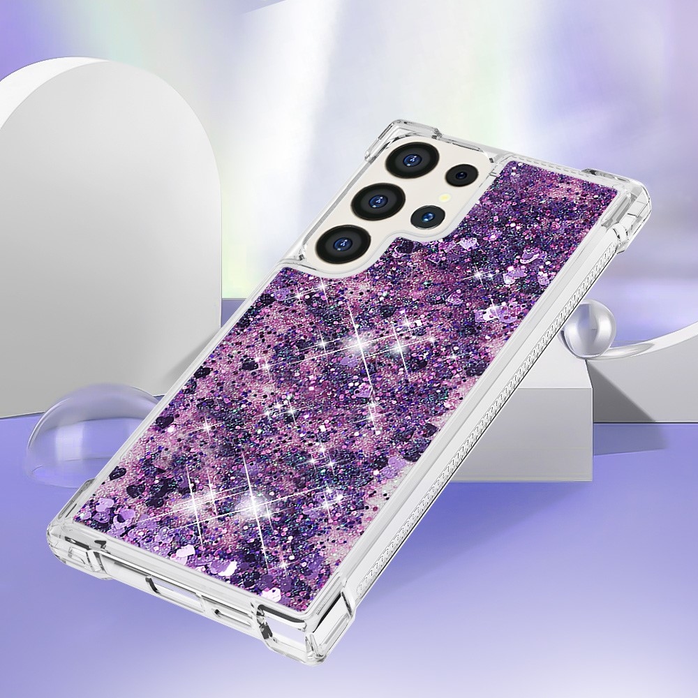 Glitter přesýpací gelový obal na Samsung Galaxy S24 Ultra - tmavěfialový/srdíčka
