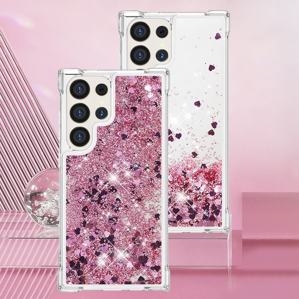 Glitter přesýpací gelový obal na Samsung Galaxy S24 Ultra - růžovozlatý/srdíčka