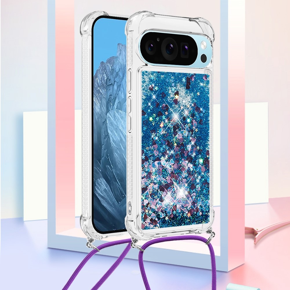Glitters přesýpací gelový obal se šňůrkou na Google Pixel 10 Pro/Pixel 10 - modrý/srdíčka