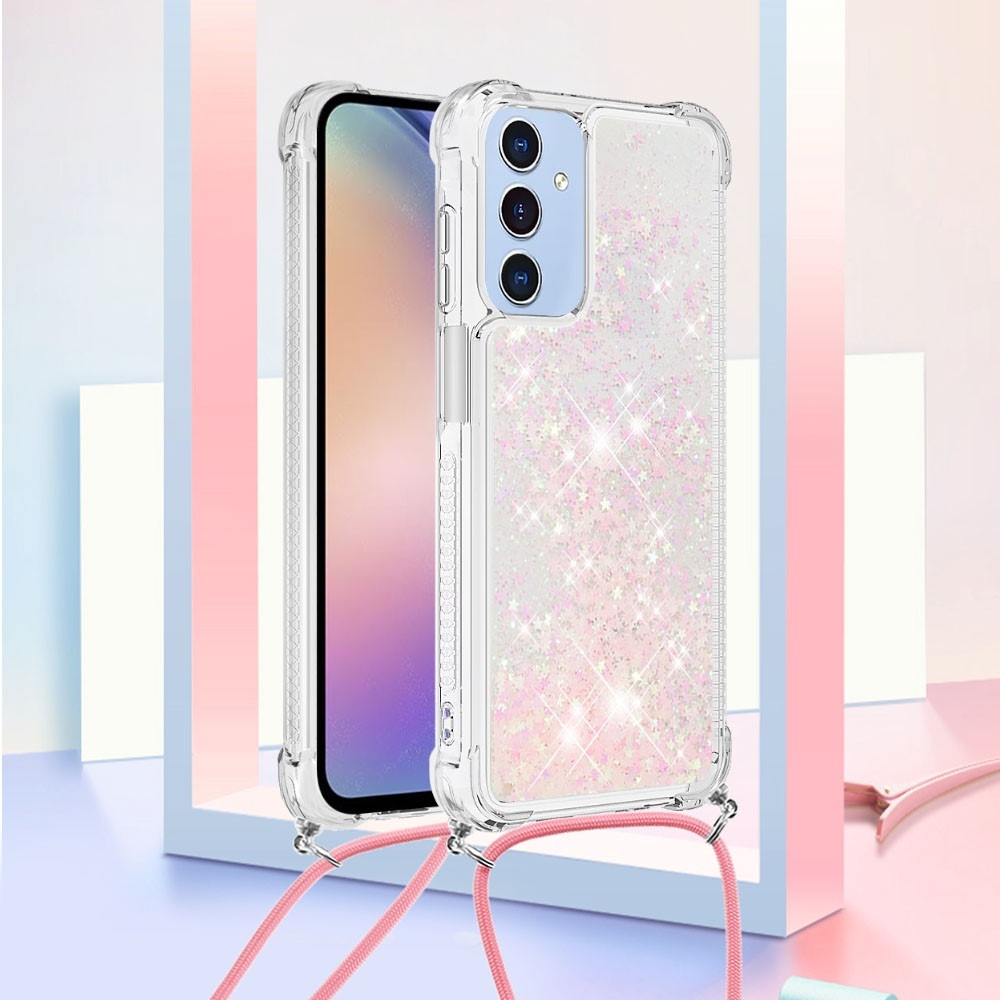 Glitters přesýpací gelový obal se šňůrkou na Samsung Galaxy A26 5G - růžový/hvězdičky