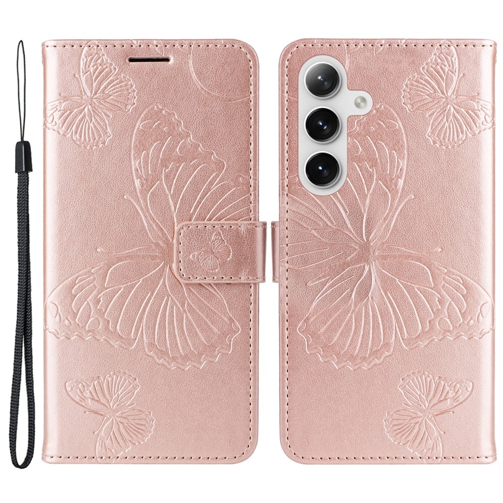 Big Butterfly knížkové pouzdro na Samsung Galaxy S25 - růžovozlaté