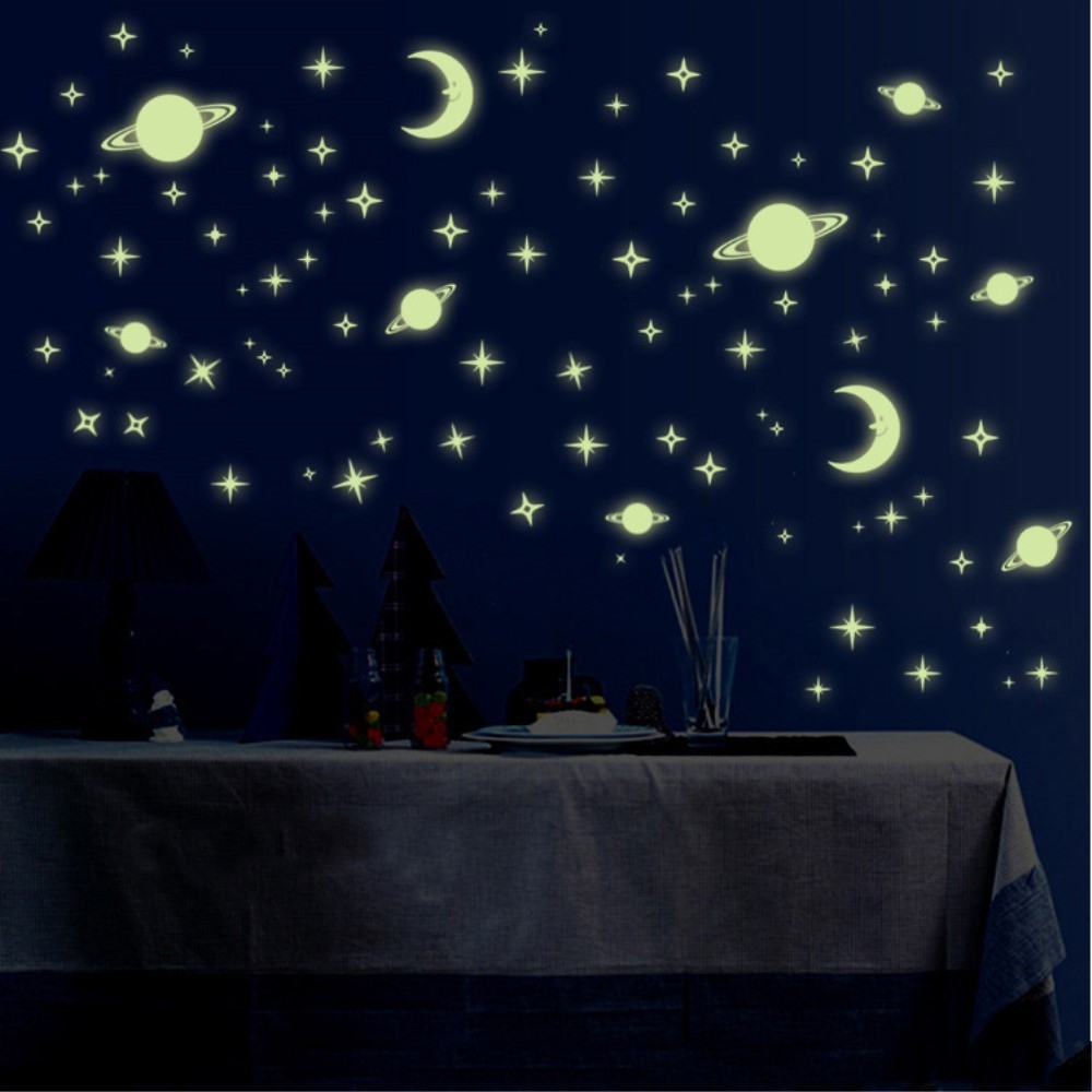 Sada fluorescenčních samolepek na zeď - hvězdy a měsíc