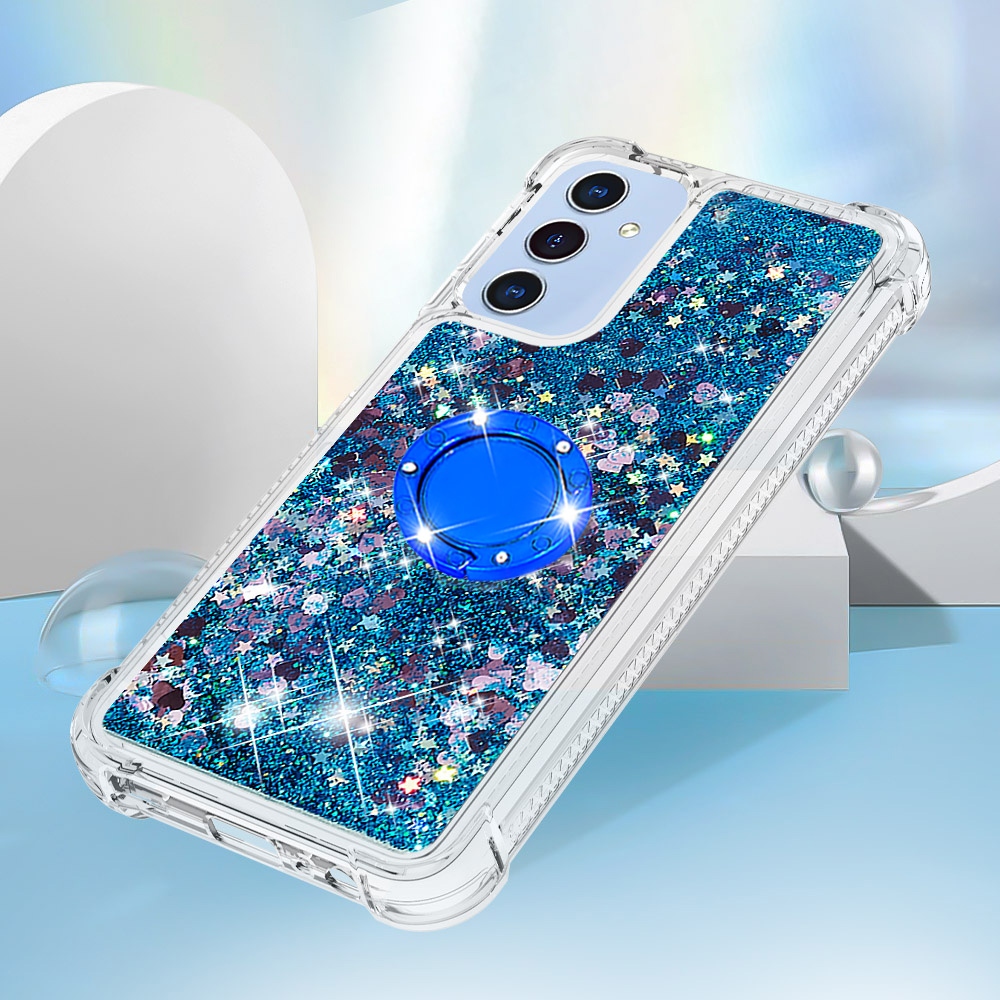 Glitt přesýpací gelový obal s kroužkem na prst na Samsung Galaxy A17 5G - modrý/srdíčka