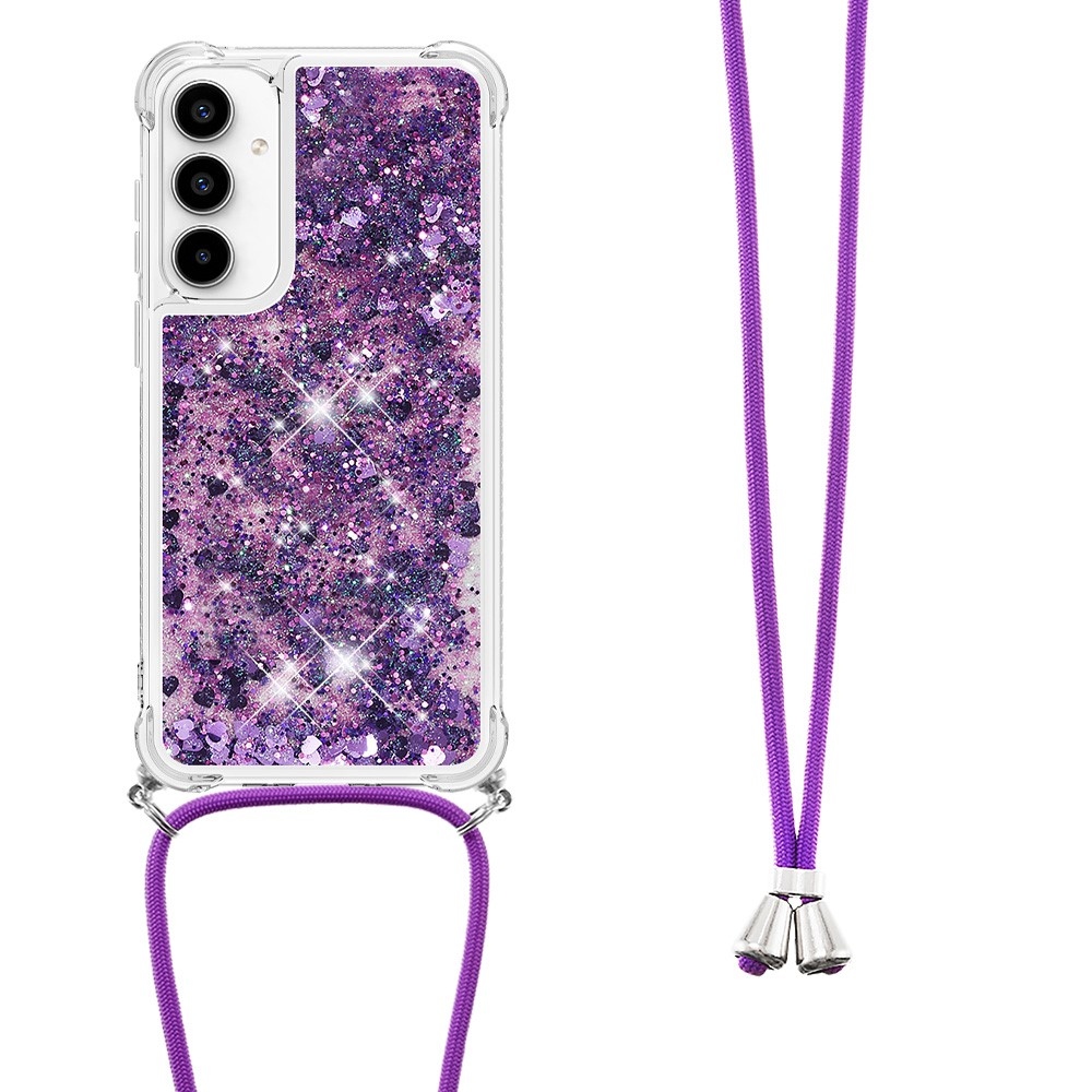 Glitters přesýpací gelový obal se šňůrkou na Samsung Galaxy A36 5G - tmavěfialový/srdíčka