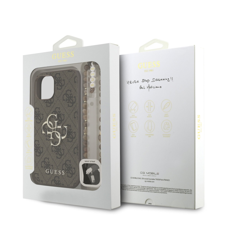 Guess PU 4G Metal Logo Strap Zadní Kryt pro iPhone 15 Brown