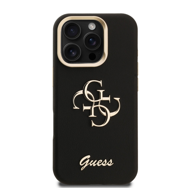 Guess PU Grained 4G Logo Stand Camera Frame Zadní Kryt pro iPhone 16 Pro Black