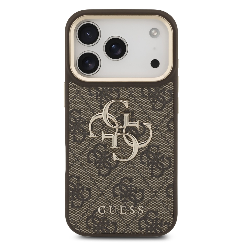 Guess PU Leather 4G Metal Logo Gold Frame Zadní Kryt pro iPhone 18 Pro Brown