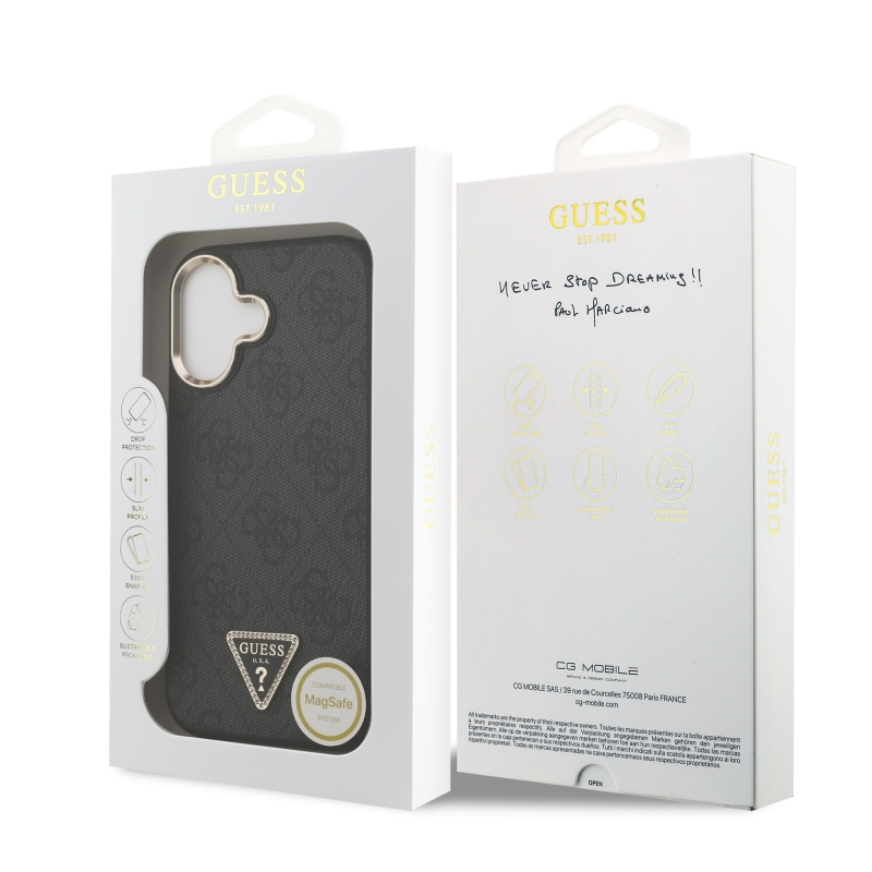 Guess PU Leather 4G Triangle Logo Gold Frame MagSafe Zadní Kryt pro iPhone 17 Black