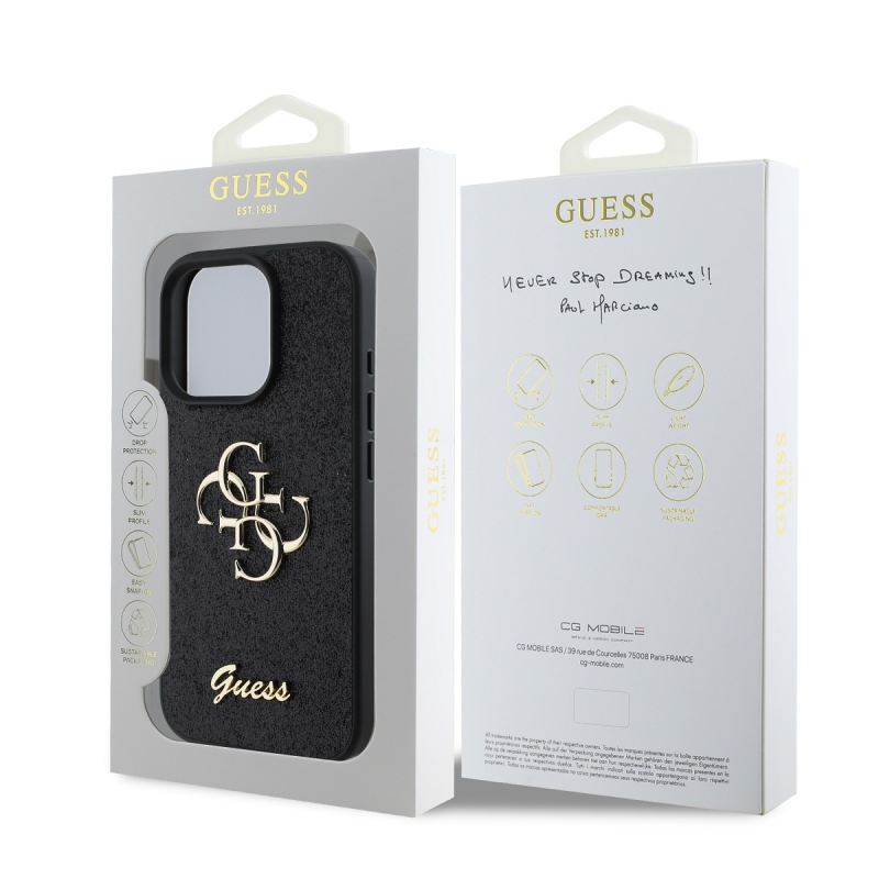 Guess PU Fixed Glitter 4G Metal Logo Zadní Kryt pro iPhone 16 Pro Black