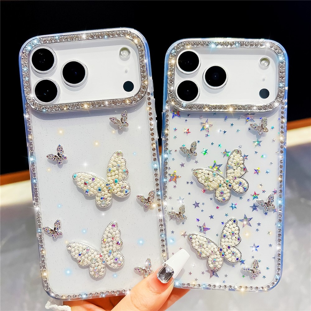 Shiny třpytivý gelový kryt s pevnými zády na iPhone 18 Pro/17 Pro - hvězdy/průhledný