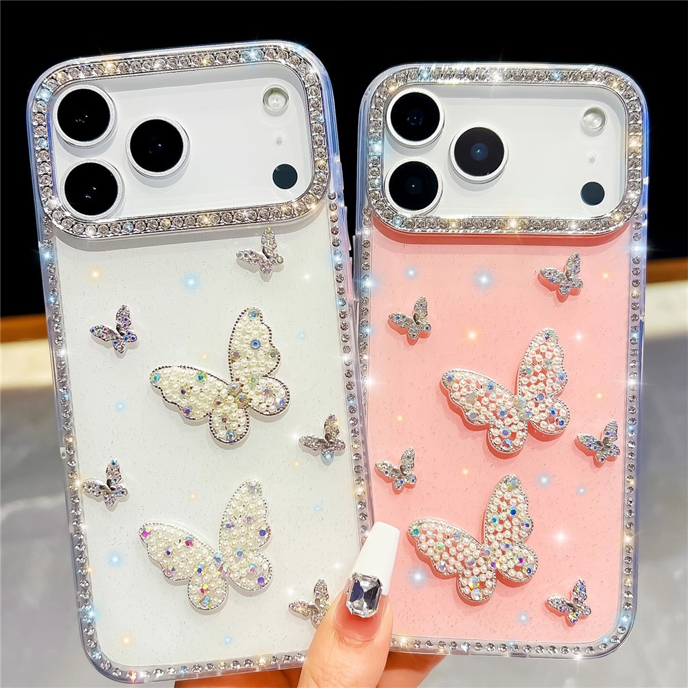 Shiny třpytivý gelový kryt s pevnými zády na iPhone 18 Pro/17 Pro - motýl/bílý