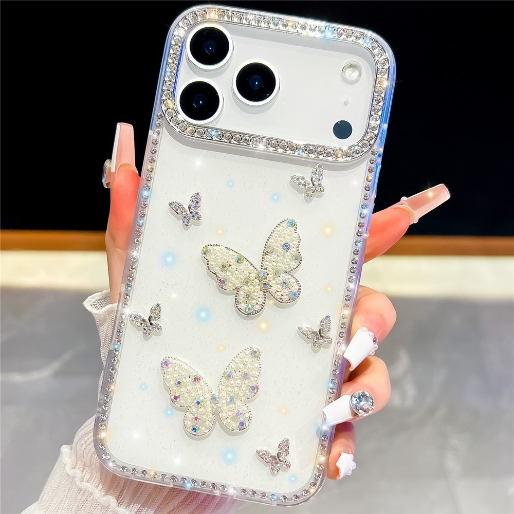 Shiny třpytivý gelový kryt s pevnými zády na iPhone 18 Pro/17 Pro - motýl/bílý