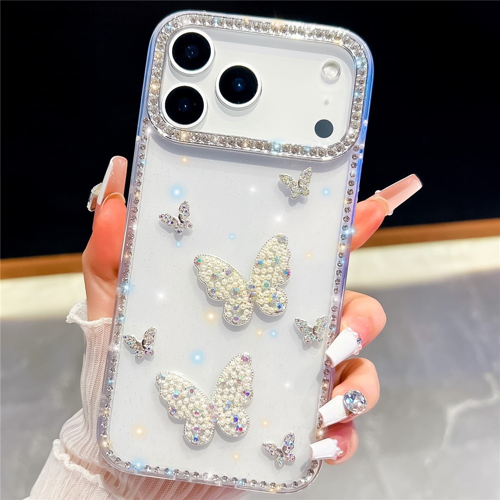 Shiny třpytivý gelový kryt s pevnými zády na iPhone 18 Pro/17 Pro - motýl/průhledný