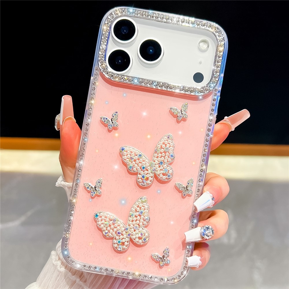 Shiny třpytivý gelový kryt s pevnými zády na iPhone 18 Pro/17 Pro - motýl/růžový