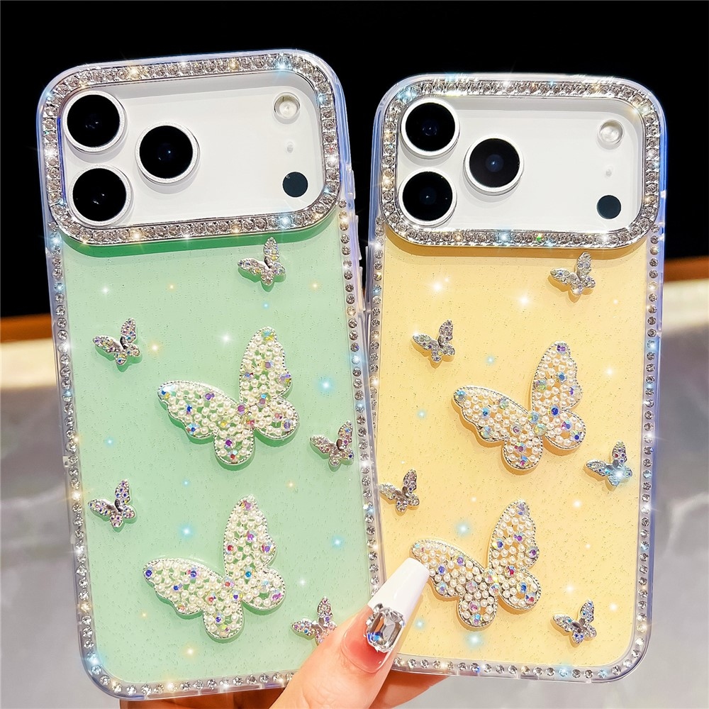 Shiny třpytivý gelový kryt s pevnými zády na iPhone 18 Pro/17 Pro - motýl/zelený