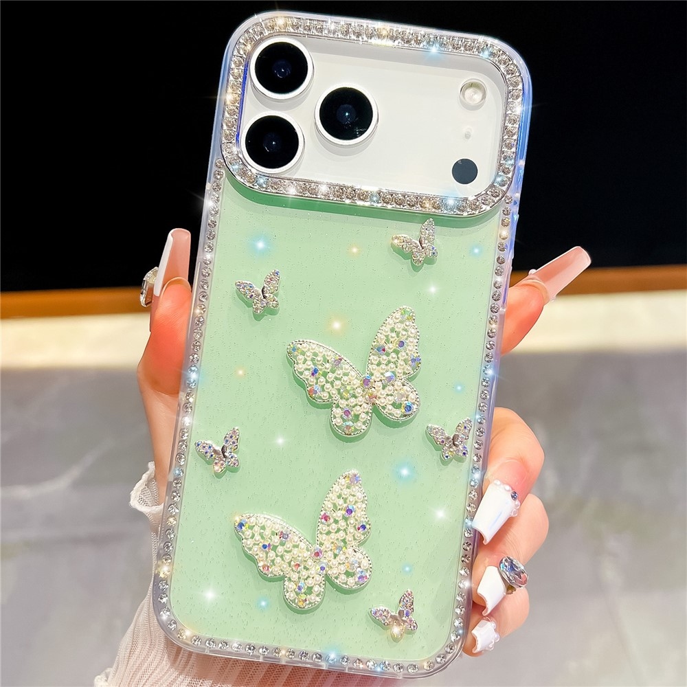 Shiny třpytivý gelový kryt s pevnými zády na iPhone 18 Pro/17 Pro - motýl/zelený