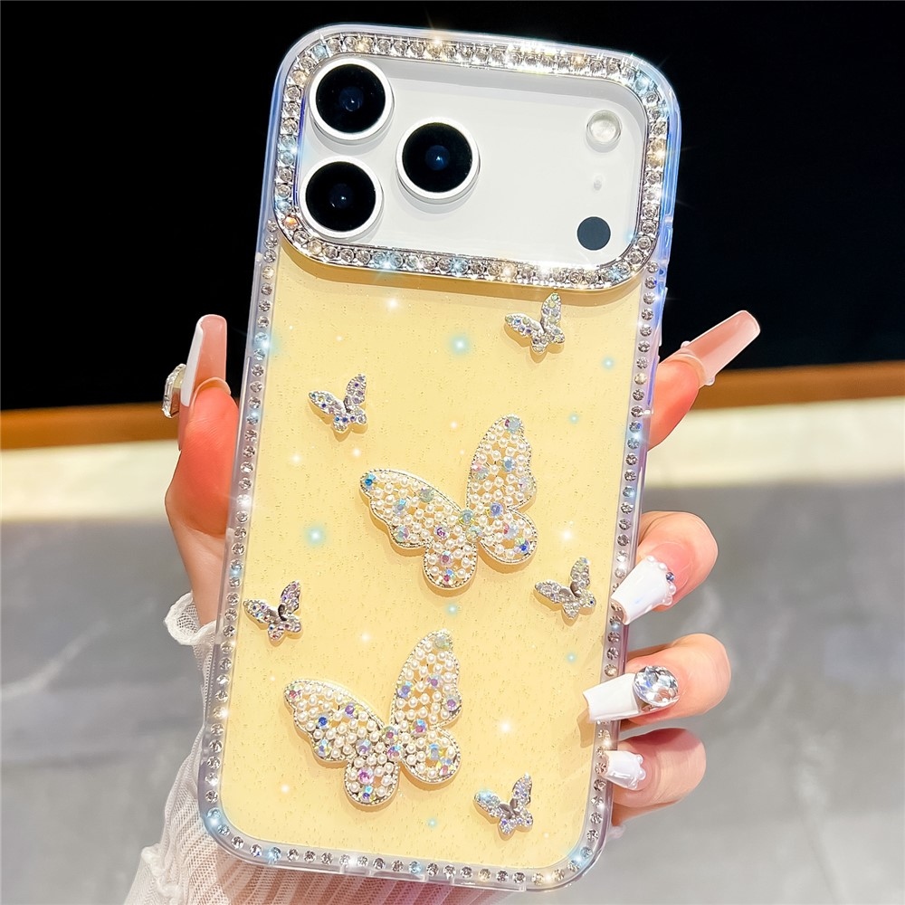 Shiny třpytivý gelový kryt s pevnými zády na iPhone 18 Pro/17 Pro - motýl/žlutý