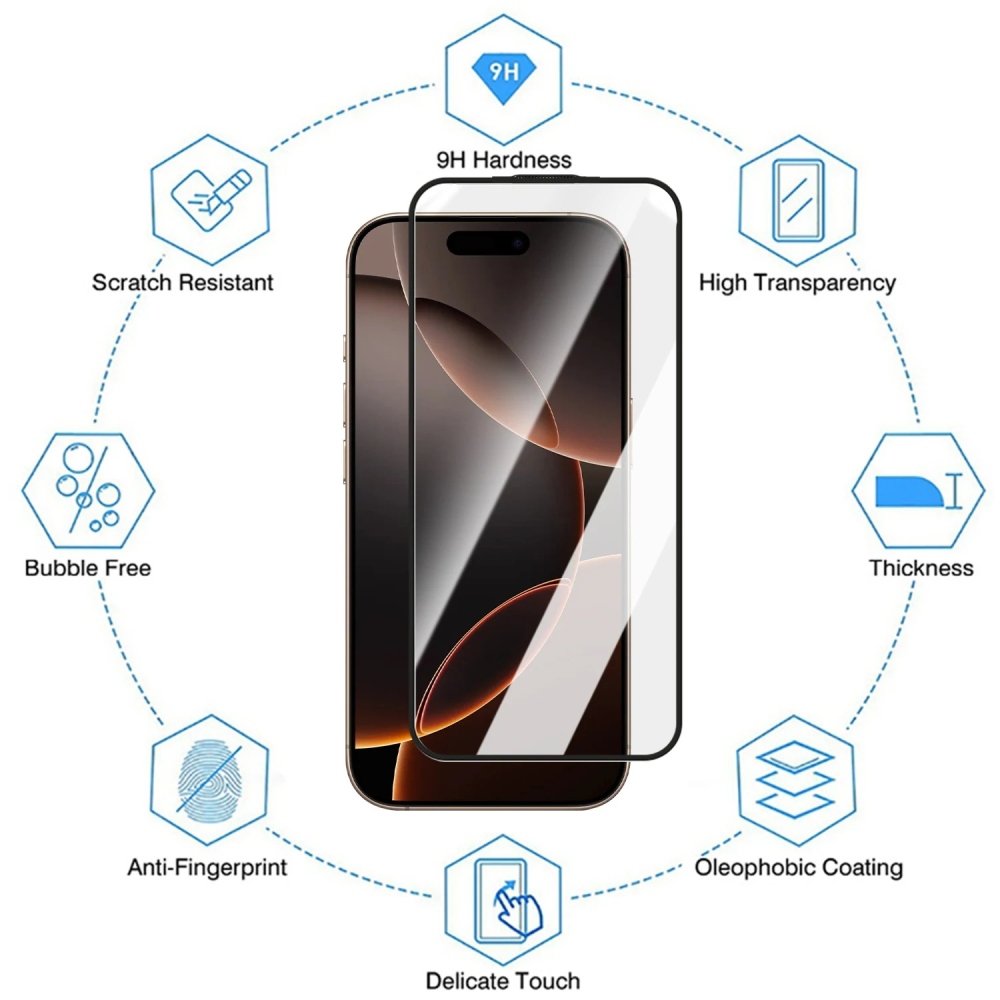 Silk celoplošné tvrzené sklo na mobil iPhone 18 Pro/17 Pro s aplikačním rámečkem