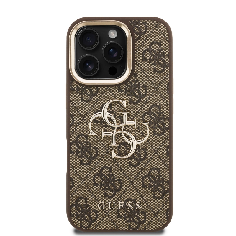 Guess PU 4G Metal Logo Stand Camera Frame Zadní Kryt pro iPhone 16 Pro Brown