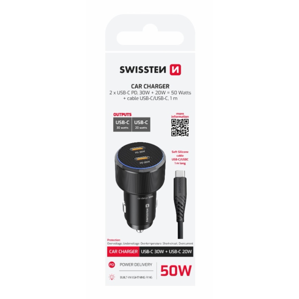 Swissten CL adaptér 2x USB-C PD, 50W - černý + kabel USB-C / USB-C, 1m