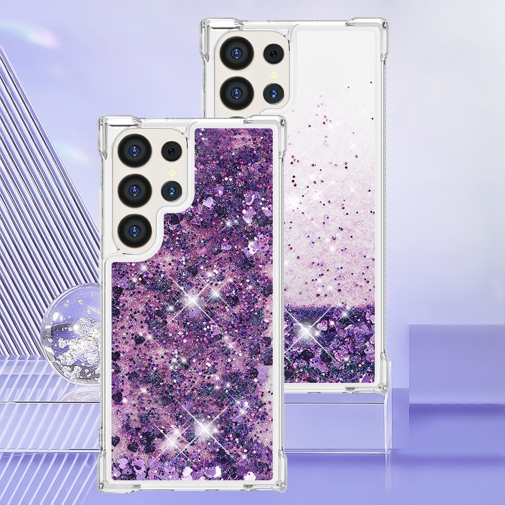Glitter přesýpací gelový obal na Samsung Galaxy S24 Ultra - tmavěfialový/srdíčka