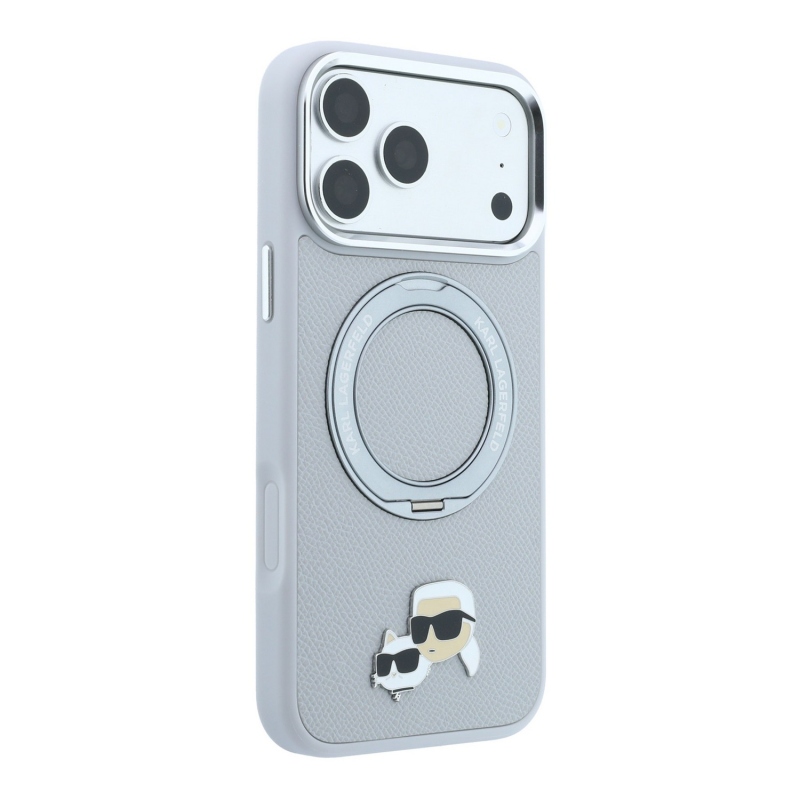 Karl Lagerfeld PU Grained K&CH Heads Ring Stand Magsafe Zadní Kryt pro iPhone 18 Pro Grey