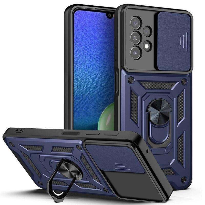 Slide zavírací odolný hybridní kryt s úchopem na prst na mobil Samsung Galaxy A13 4G - modrý