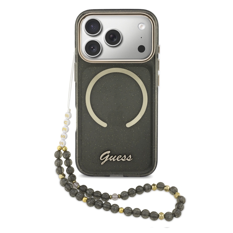 Guess IML Glitter Script Strap MagSafe Zadní Kryt pro iPhone 17 Pro Black