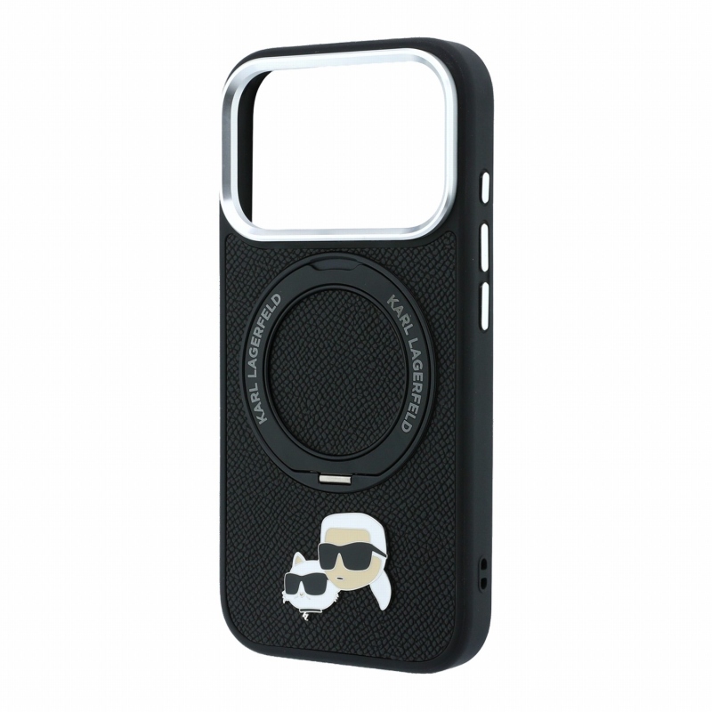 Karl Lagerfeld PU Grained K&CH Heads Ring Stand Magsafe Zadní Kryt pro iPhone 18 Pro Max Black