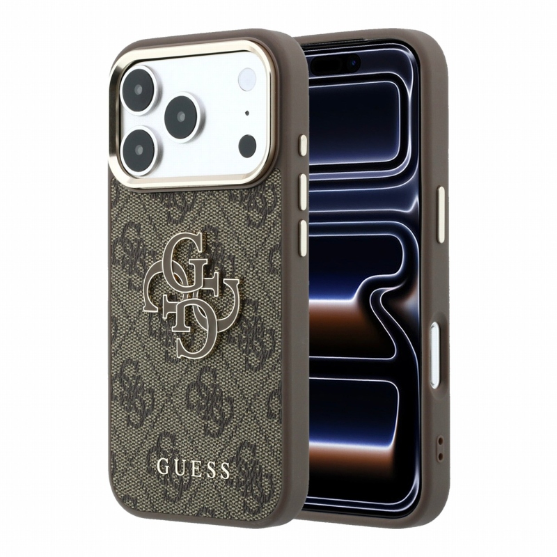 Guess PU 4G Resin Metal Logo Zadní Kryt pro iPhone 18 Pro Brown