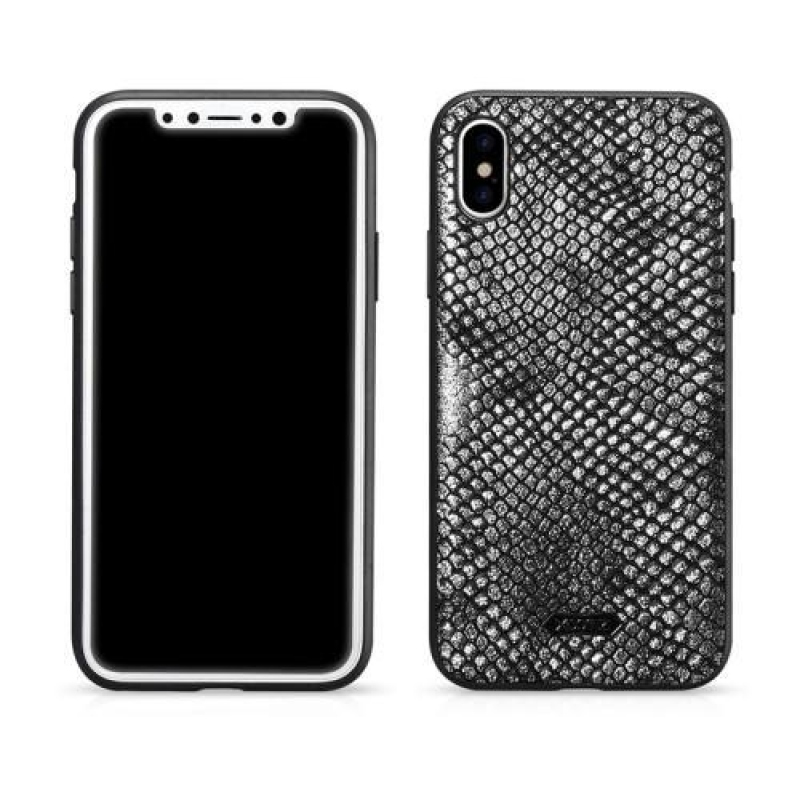 Snake gelový obal se zády z PU kůže na iPhone X - stříbrný
