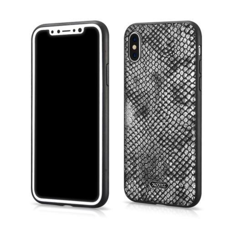 Snake gelový obal se zády z PU kůže na iPhone X - stříbrný