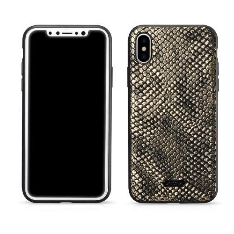 Snake gelový obal se zády z PU kůže na iPhone X - zlatý