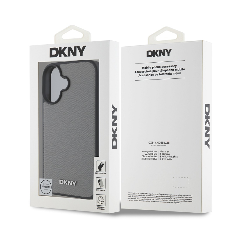 DKNY PU Leather Silver Metal Logo Magsafe Zadní Kryt pro iPhone 16 Grey