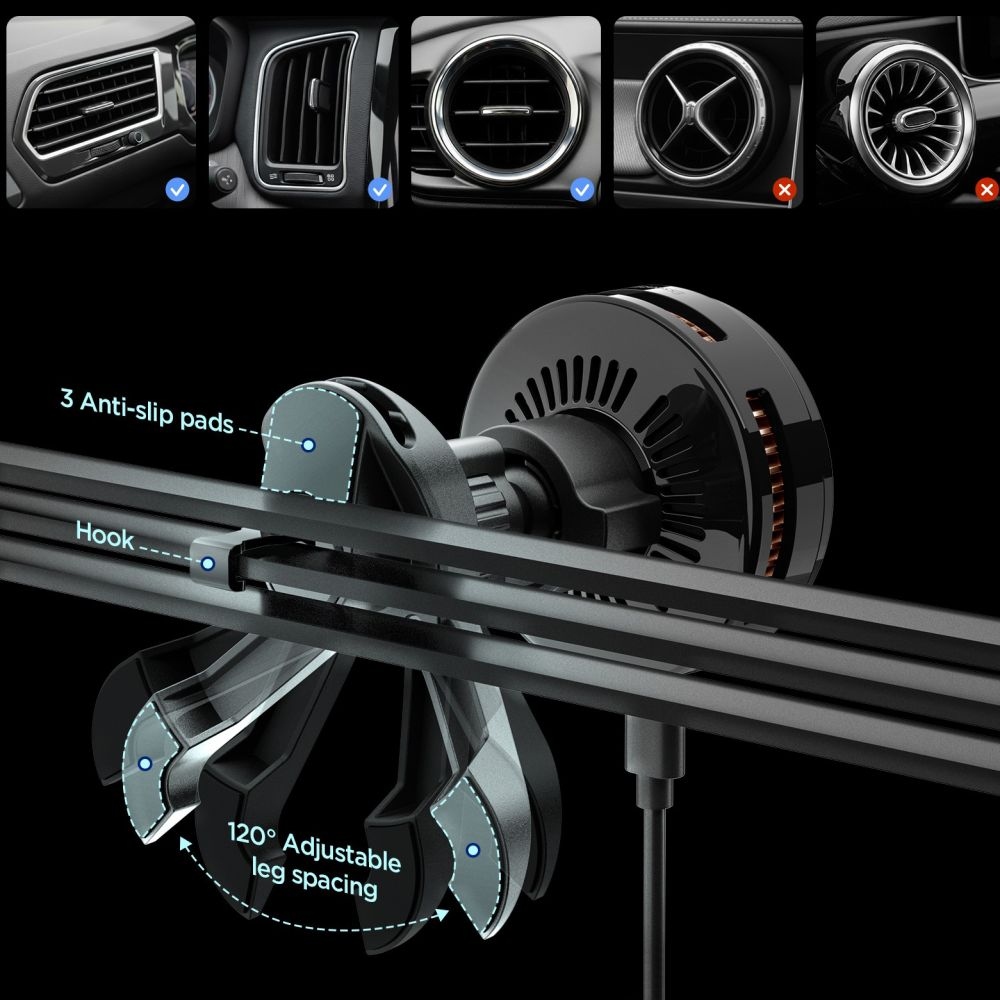 Spigen EV25MFAQ držák do ventilace s MagSafe Qi2 bezdrátovým nabíjením 25W - černý