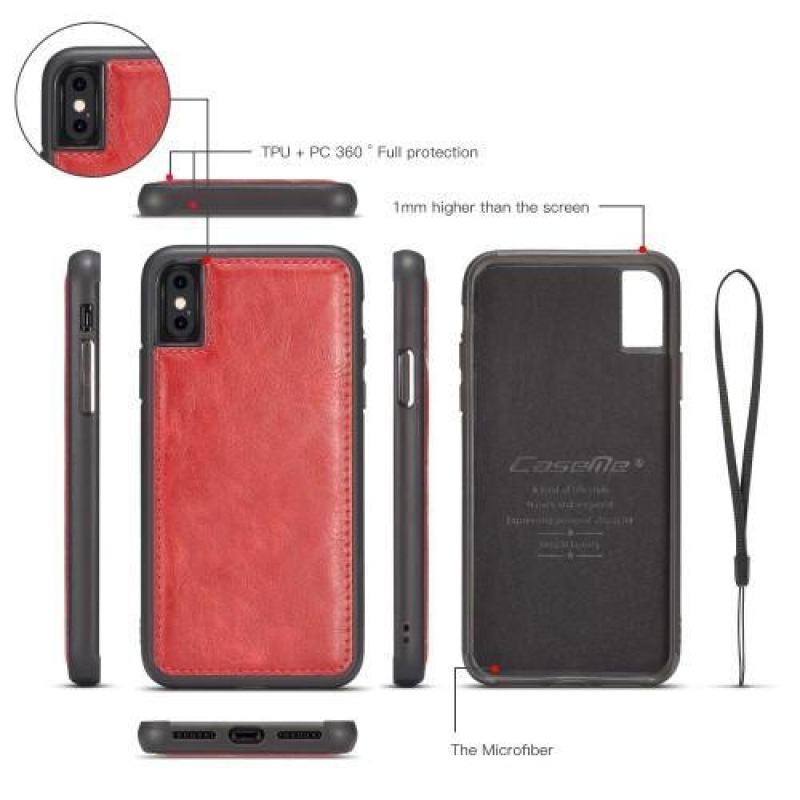Split PU kožené pouzdro s odnímatelným uchycením na iPhone X - červené