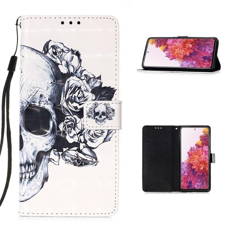 Spot PU kožené peněženkové pouzdro pro mobil Samsung Galaxy S20 FE/S20 FE 5G - lebka s květy