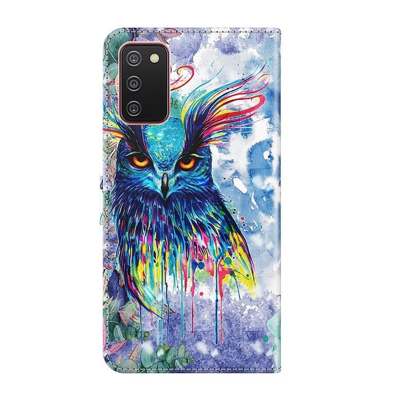 Stand PU kožené peněženkové pouzdro na mobil Samsung Galaxy A03s (166.6 x 75.9 x 9.1mm) - barevná sova