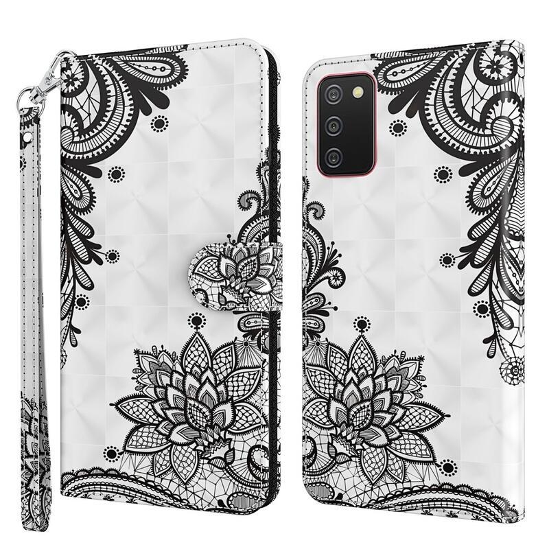 Print PU kožené peněženkové pouzdro na mobil Samsung Galaxy A03s (166.6 x 75.9 x 9.1mm) - krajkový květ