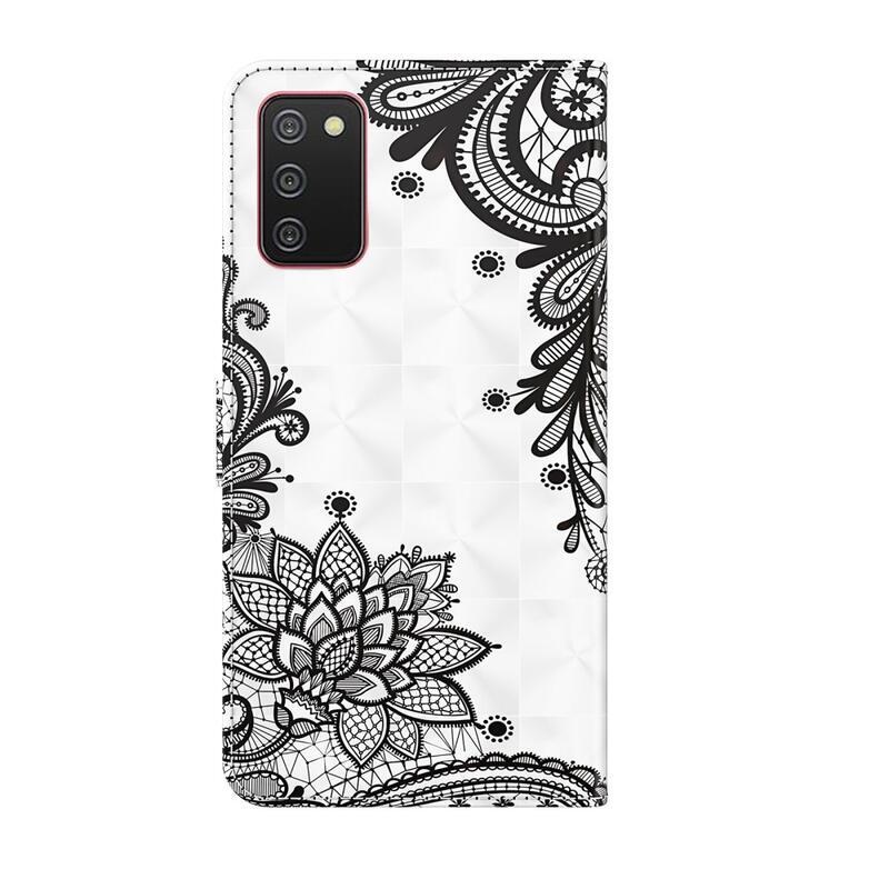 Print PU kožené peněženkové pouzdro na mobil Samsung Galaxy A03s (166.6 x 75.9 x 9.1mm) - krajkový květ
