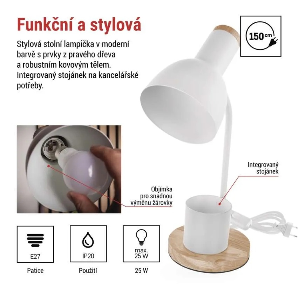Stolní lampa POPPY na žárovku E27 - bílá