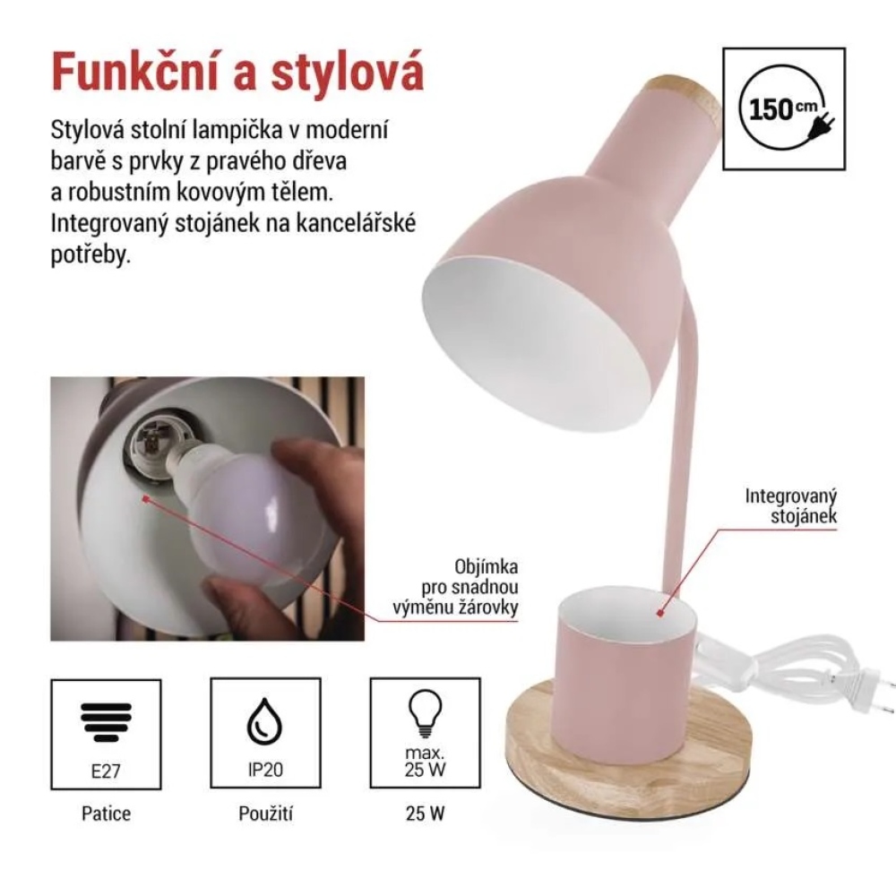 Stolní lampa POPPY na žárovku E27 - růžová
