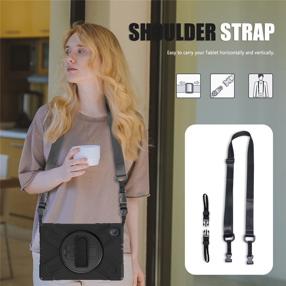 Strap odolný kryt s držákem na ruku a ramenním popruhem na Lenovo Tab M10 Plus TB-X606F/X/V - černý