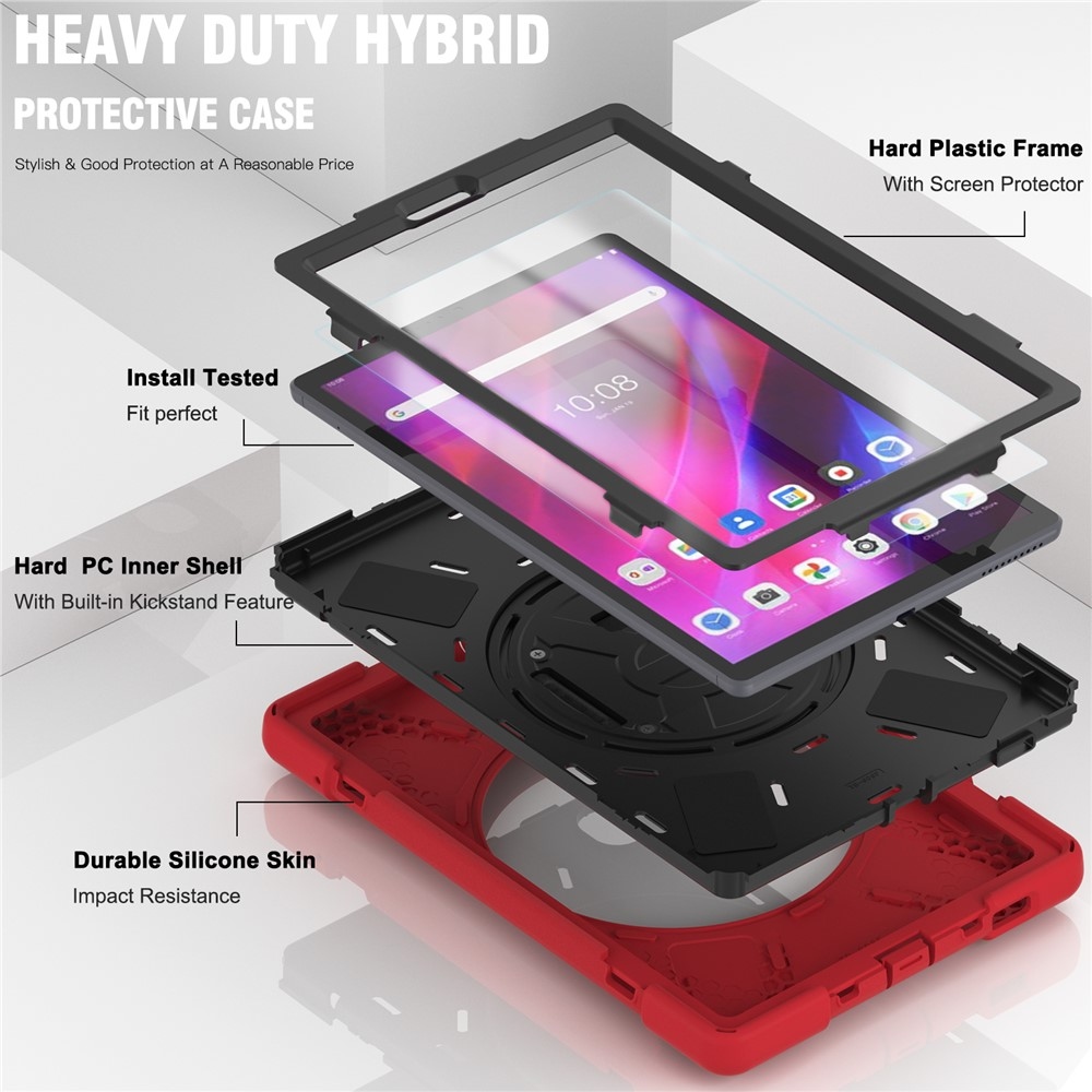 Strap odolný kryt s držákem na ruku a ramenním popruhem na Lenovo Tab M10 Plus TB-X606F/X/V - červený